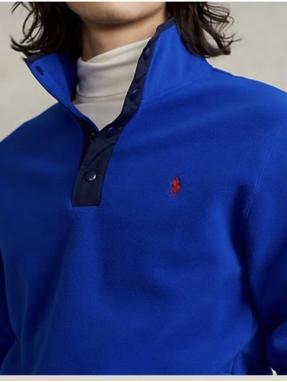 Polo Ralph Lauren Men's L Large Fleece Pullover Mock Neck Blue Snap Jacket New